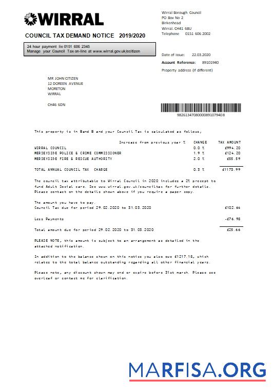 Realistic United Kingdom Wirral council tax bill template in Word and PDF format